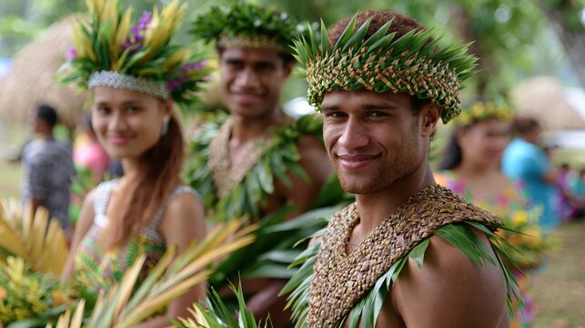 Polynesian people in traditional headdresses and leaf costumes smiling during a cultural festival outdoors with natural daylight