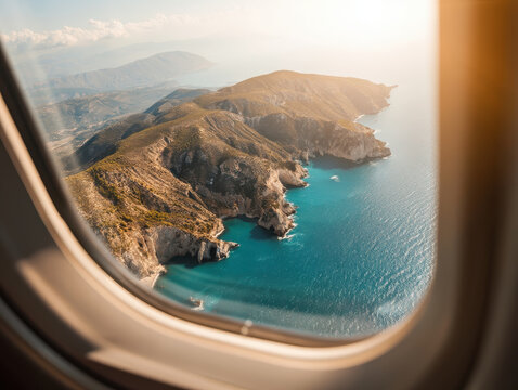 Mediterranean coastline, cliffs and turquoise bays seen through an aeroplane window. Summer travel, holiday flight and vacation