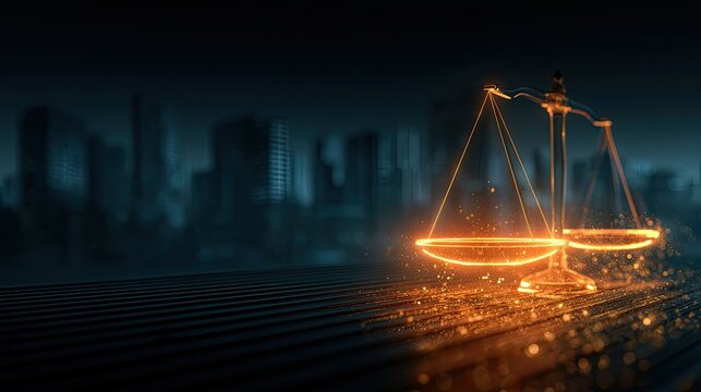 Glowing scales of justice against a blurred urban backdrop