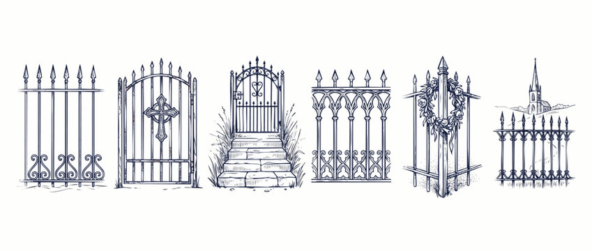 Wrought iron gate fence illustration set featuring gothic cemetery gates, metal cross, stone steps, church steeple, and ornate decorative steel railings for vintage architecture design projects.