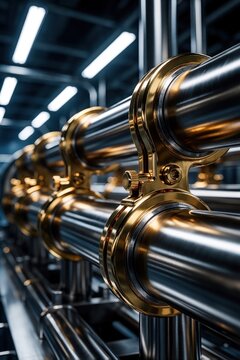 Close up of polished stainless steel pipes with shiny golden clamps in modern industrial factory. High tech manufacturing plant system shows metal plumbing connection, engineering detail. Advanced