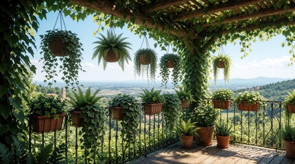 Obraz premium Verdant balcony terrace with hanging plants and potted greenery offers a scenic view of rolling hills and distant town on sunny day. Outdoor space creates rich garden atmosphere under wooden pergola.