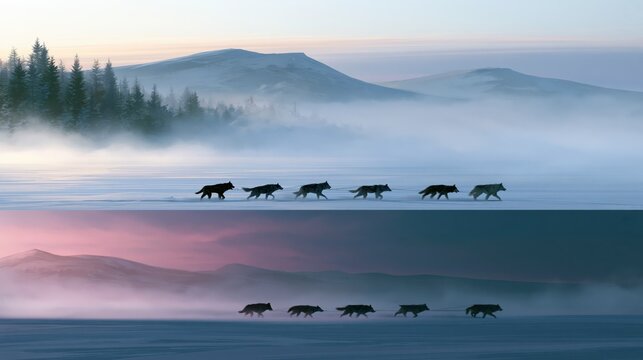 Wolf pack trotting across a misty winter landscape during dawn with soft pastel lighting and snow-covered mountains in the background