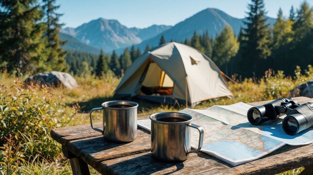 Two metal mugs with hot drink sit on wooden table near camping tent. Map, binoculars lie on table in mountains. Friends enjoy sunny summer adventure in wild nature forest during hiking trip outdoor