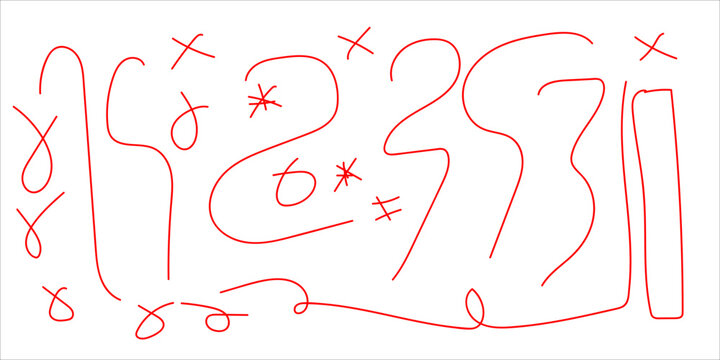 Hand drawn red doodles with loops crosses asterisks and abstract sketch strokes on white background design