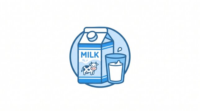 Cute blue and white vector illustration of a milk carton with a cow graphic and a glass filled with fresh milk, isolated on a white background.