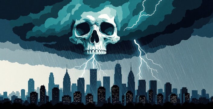 Cityscape under stormy sky with skull shaped cloud. Lightning strikes illuminate dark urban silhouette. Heavy rain falls on city buildings at night. Ominous weather looms.