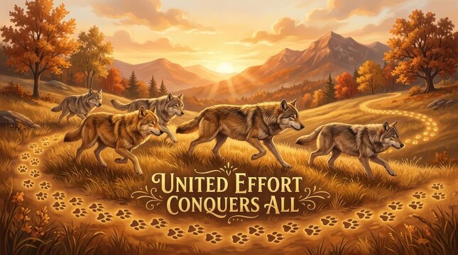 A pack of wolves walking together on a path during sunset with paw prints glowing, symbolizing unity and teamwork