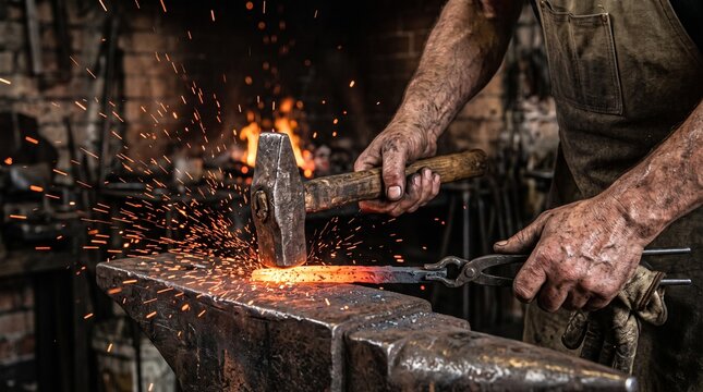 Blacksmith hammering hot glowing metal on an anvil with sparks flying