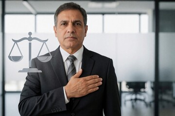 Fototapeta premium Middle aged businessman in black suit, tie places hand on chest in office. Serious man shows loyalty oath of honesty. Law concept with scales of justice icon on glass wall in modern business