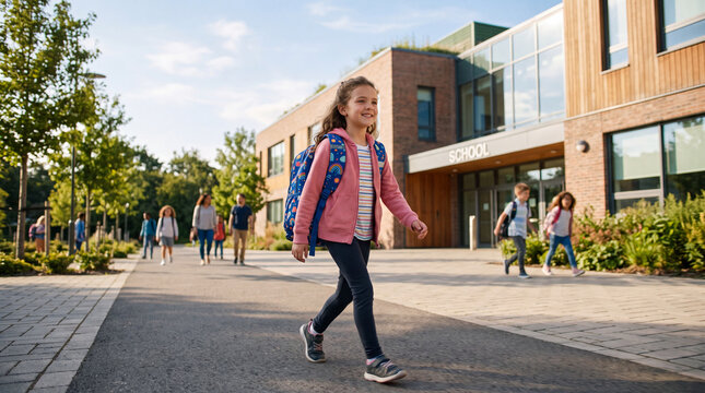 A joyful young female student wearing a colorful backpack walks eagerly toward the entrance of her large modern educational facility alongside many of her cheerful peers on a sunny morning