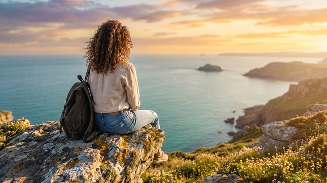 Woman contemplating scenic coastal view from stone wall overlooking turquoise sea