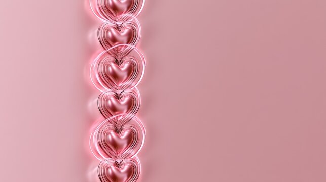 A vertical row of shiny pink metallic hearts aligned on a soft pastel background