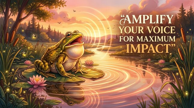 A frog croaking loudly on a lily pad in a serene pond at sunset, with ripples and the inspiring text 'Amplify Your Voice for Maximum Impact'.