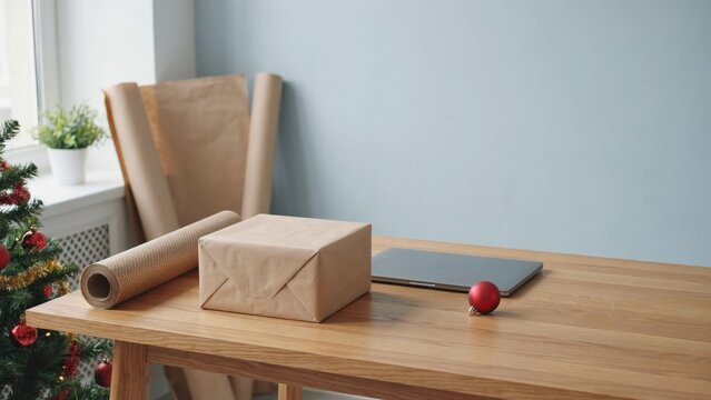 Brown paper gift box, wrapping paper rolls, and laptop on wooden table