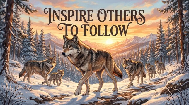 A pack of wolves walks through a snowy forest at sunset, symbolizing inspiration and leadership with the text "Inspire Others To Follow"
