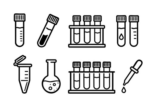 Laboratory Equipment Icon Set with Test Tube, Flask, Dropper and Sample Rack