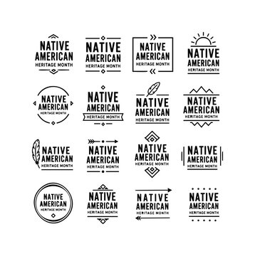 Native American Heritage Month Icon Grid with Tribal Badge and Line Emblem Set