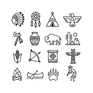 Native American Icon Set with Headdress, Bison, Totem and Wildlife Symbols