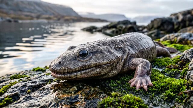 ichthyostega close up at morning light in east greenland late devonian landscape video