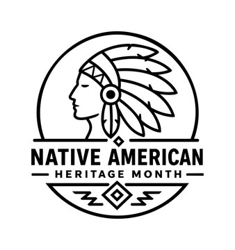 Native American Heritage Month Circular Badge with Headdress Profile Illustration