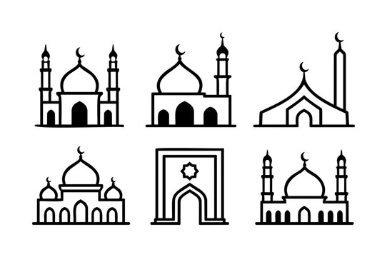 Mosque Building Icon Set with Dome, Minaret and Islamic Architecture Symbols