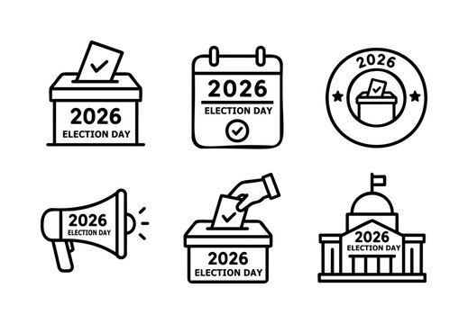 Election Day Icon Set with Ballot Box, Calendar, Megaphone and Government Building