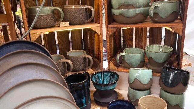 Colorful ceramic mugs and bowls displayed in wooden crates at an outdoor market, showcasing unique designs and textures in a vibrant setting