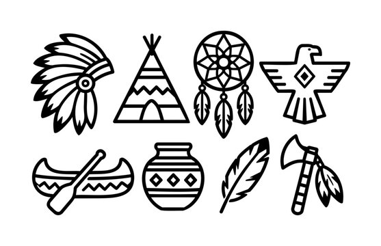 Native American Icon Set with Headdress, Teepee, Canoe and Pottery Symbols
