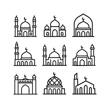 Mosque Architecture Icon Collection with Dome, Minaret and Crescent Moon Design