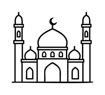 Grand Mosque Line Illustration with Twin Minaret and Crescent Moon Design