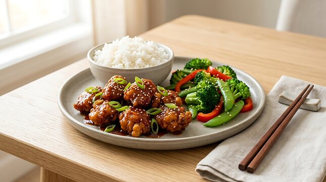 Stir fried beef with broccoli and bell peppers served with white rice on a plate with wooden chopsticks. general tso