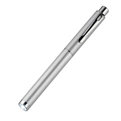 Fototapeta premium Silver metal pen flashlight with integrated led light and pocket clip for inspection and daily utility isolated on a transparent background