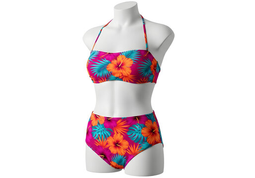 Mannequin in vibrant tie-dye bikini set with tropical floral pattern on white background