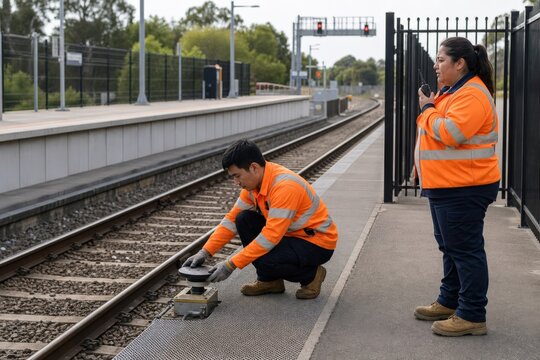 Railway Signal Maintenance Train Control Technicians Verifying Platform Balise