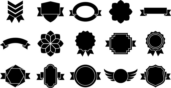 Black labels and ribbons vector illustration featuring blank badges, seals, crests, and banners for design