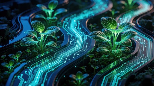 Futuristic bio tech concept shows glowing green plants growing between digital circuit board lines. Organic leaves merge with electronic microchip paths, blue energy flows. Synthetic nature ecosystem