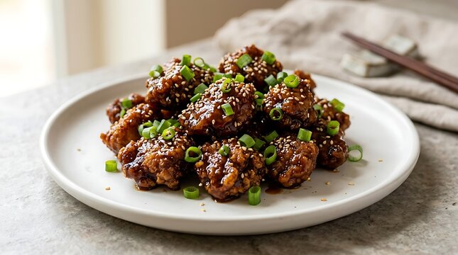 Delicious crispy fried chicken bites topped with green onions and sesame seeds on a round ceramic plate. general tso