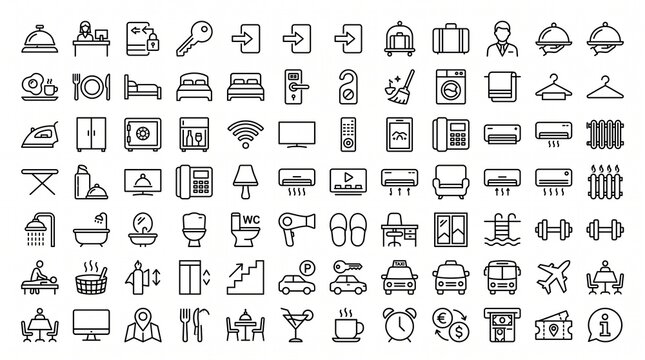 Hotel services line icon set for hospitality industry and travel accommodation design.