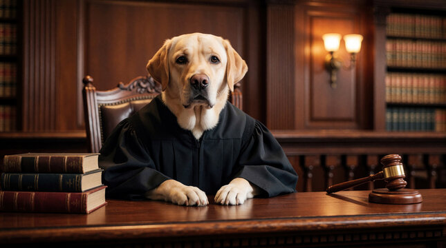 Cute labrador dog wears black judge robe in courtroom. Funny pet sits at wooden desk with law books, gavel. Canine lawyer presiding over legal case in justice office. Humorous animal pro sitting in