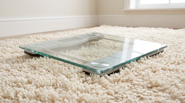 Unreliable Data Concept, Digital Bathroom Scale Sinking Askew Into Deep Pile Carpet