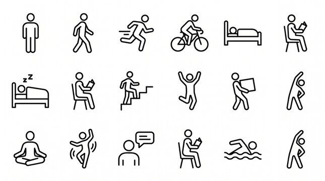 Set of minimalist human activity line icons representing daily lifestyle and movement.