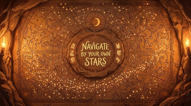 Ancient astrological map carved into stone wall with constellation drawings and twinkling stars, lit by torches, with motivational quote
