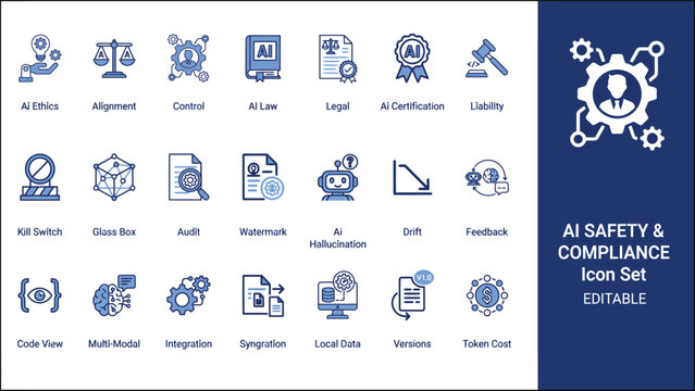 AI safety and compliance icons, editable set for artificial intelligence, ethics, alignment, legal concepts