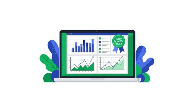 Sleep quality index dashboard on laptop screen with health data analytics and charts vector illustration