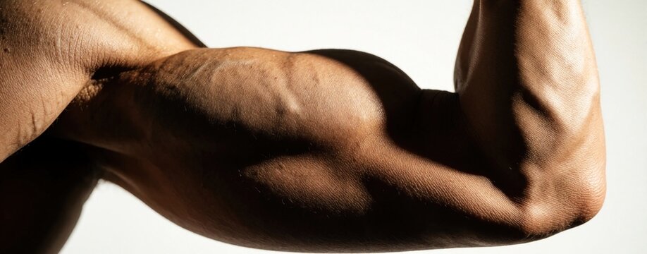 Man flexes bicep and tricep muscles. Close up shot shows vascular arm definition during workout. Strong physique with visible veins demonstrates peak fitness.