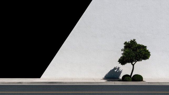 Stark contrast Minimalist composition of a lone tree and bushes against a textured wall