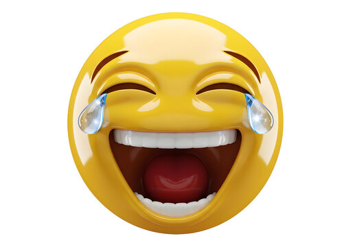 Joyful 3D yellow emoji laughing with tears of happiness isolated on white background
