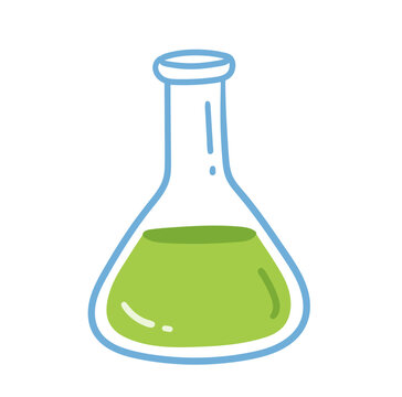 Vector illustration of a chemistry flask with green liquid. Simple line art laboratory icon isolated.