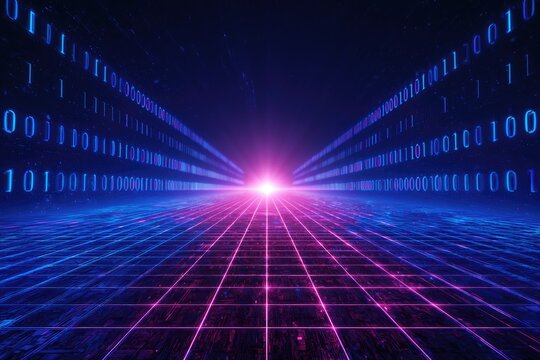 Digital grid perspective with glowing binary code streams converging